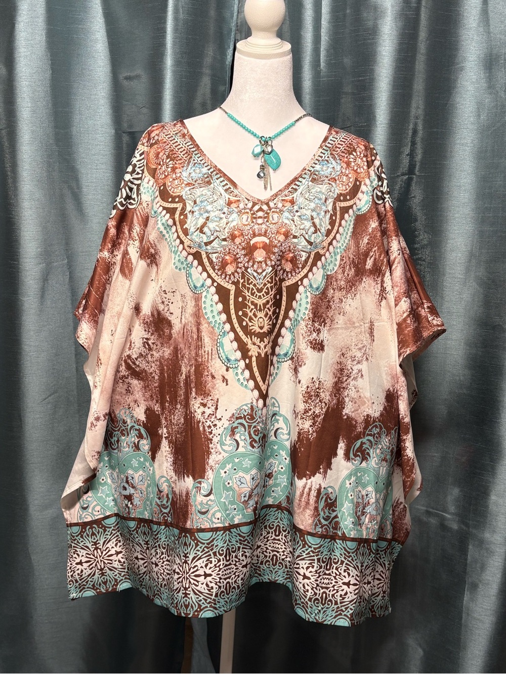 SHEIN Brown and Teal Printed V-Neck Tunic